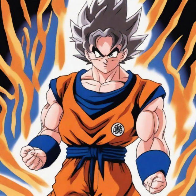 A detailed illustration of Goku from Dragon Ball Z, in his iconic orange and blue gi, powering up with a fierce expression and energy aura surrounding him