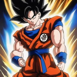 A detailed illustration of Goku from Dragon Ball Z, in his iconic orange and blue gi, powering up with a fierce expression and energy aura surrounding him