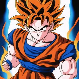 A detailed illustration of Goku from Dragon Ball Z, in his iconic orange and blue gi, powering up with a fierce expression and energy aura surrounding him