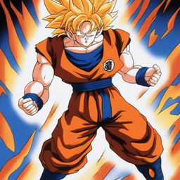 A detailed illustration of Goku from Dragon Ball Z, in his iconic orange and blue gi, powering up with a fierce expression and energy aura surrounding him