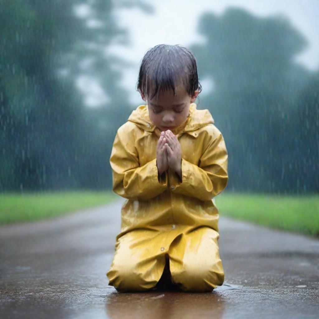 A real-time image of a young child kneeling and praying in the rain