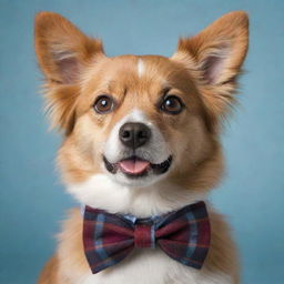 An extraordinarily cute, fluffy domestic dog. Its bright eyes sparkle with joy and it's wearing a plaid bowtie