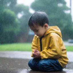 A real-time image of a young child kneeling and praying in the rain