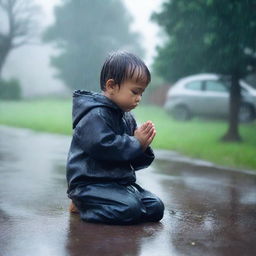 A real-time image of a young child kneeling and praying in the rain