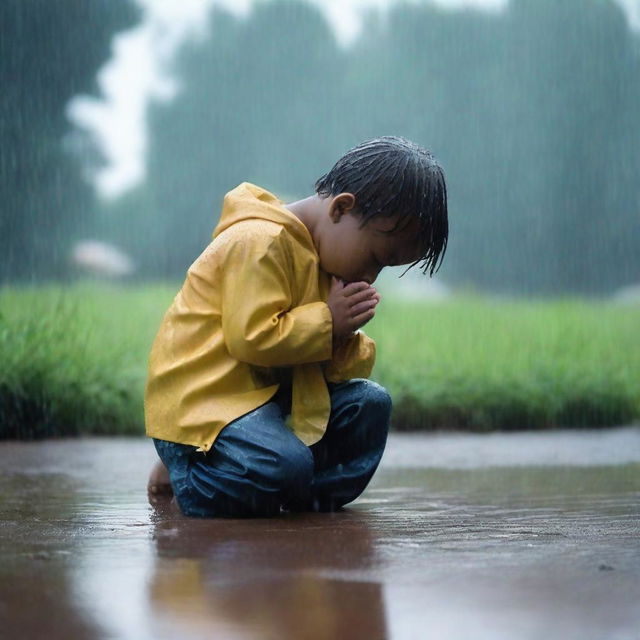 A real-time image of a young child kneeling and praying in the rain