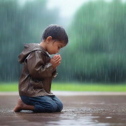 A realistic image of a young child praying in the rain