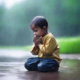 A realistic image of a young child praying in the rain