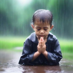 A realistic image of a young child praying in the rain