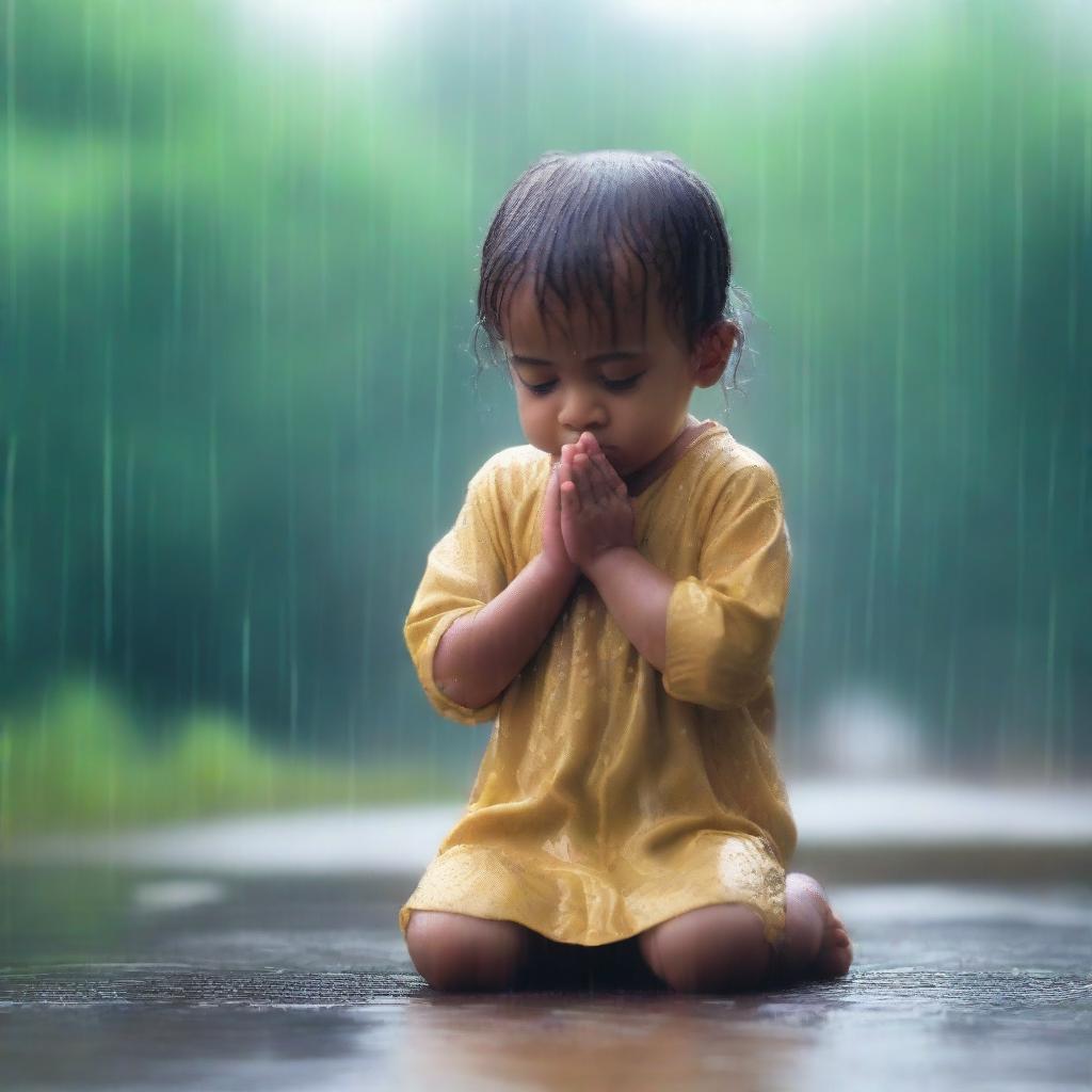 A realistic image of a young child praying in the rain