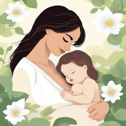 A detailed illustration of a mother breastfeeding her baby in a serene and peaceful setting