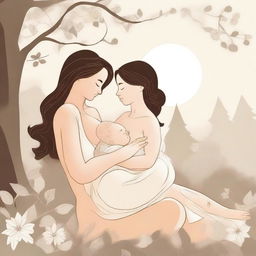 A detailed illustration of a mother breastfeeding her baby in a serene and peaceful setting