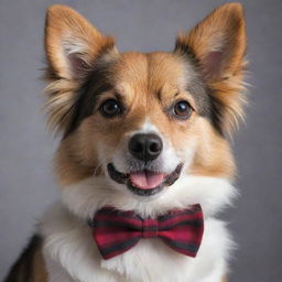 An extraordinarily cute, fluffy domestic dog. Its bright eyes sparkle with joy and it's wearing a plaid bowtie