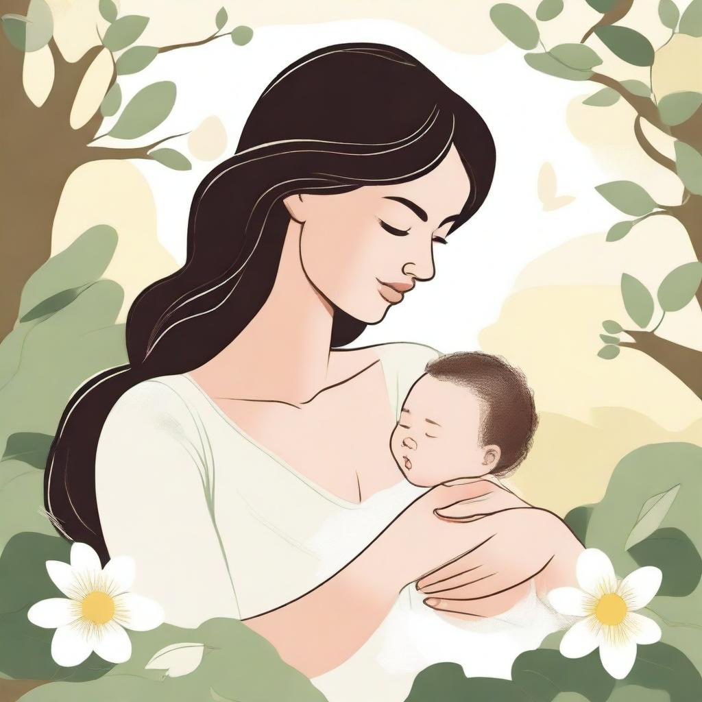 A detailed illustration of a mother breastfeeding her baby in a serene and peaceful setting