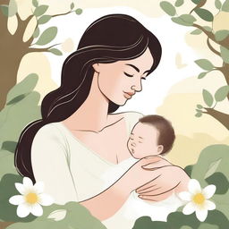 A detailed illustration of a mother breastfeeding her baby in a serene and peaceful setting