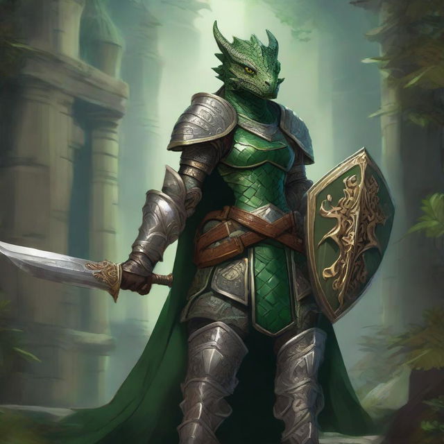 Create a detailed D&D RPG styled artwork of a female green dragonborn paladin