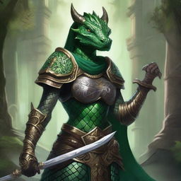 Create a detailed D&D RPG styled artwork of a female green dragonborn paladin