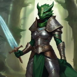 Create a detailed D&D RPG styled artwork of a female green dragonborn paladin