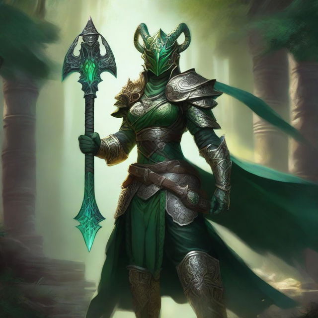 Create a detailed RPG styled artwork of a female green dragonborn paladin from the D&D universe