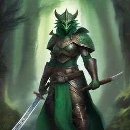 Create a detailed RPG styled artwork of a female green dragonborn paladin from the D&D universe