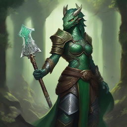 Create a detailed RPG styled artwork of a female green dragonborn paladin from the D&D universe