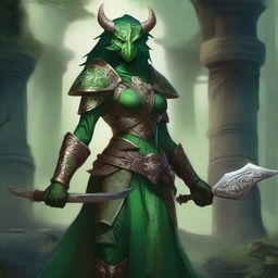 Create a detailed RPG styled artwork of a female green dragonborn paladin from the D&D universe