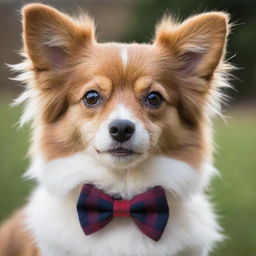 An extraordinarily cute, fluffy domestic dog. Its bright eyes sparkle with joy and it's wearing a plaid bowtie