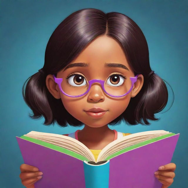 A cartoon image of a young girl engrossed in reading a colorful book, with an expression of curiosity and wonder on her face.