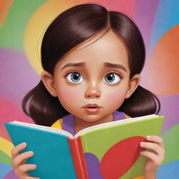 A cartoon image of a young girl engrossed in reading a colorful book, with an expression of curiosity and wonder on her face.