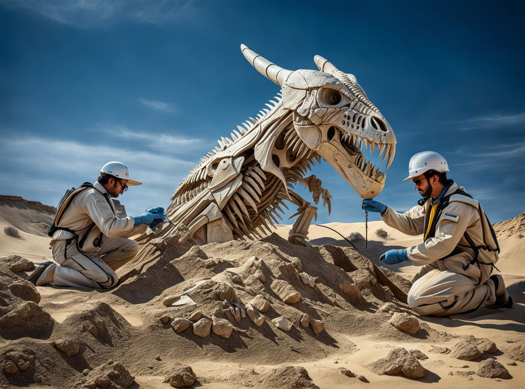 Modern explorers uncover a massive fossilized wyvern in a remote desert, captured with a Nikon camera