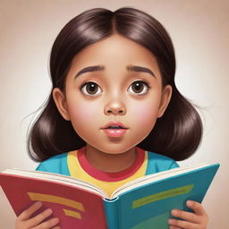 A cartoon image of a young girl engrossed in reading a colorful book, with an expression of curiosity and wonder on her face.