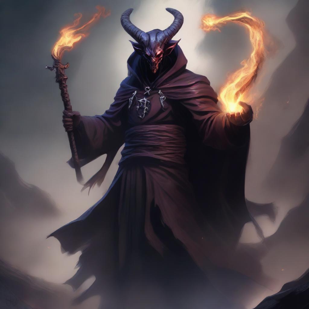 Create a detailed RPG styled artwork of a Tiefling Warlock from the D&D universe