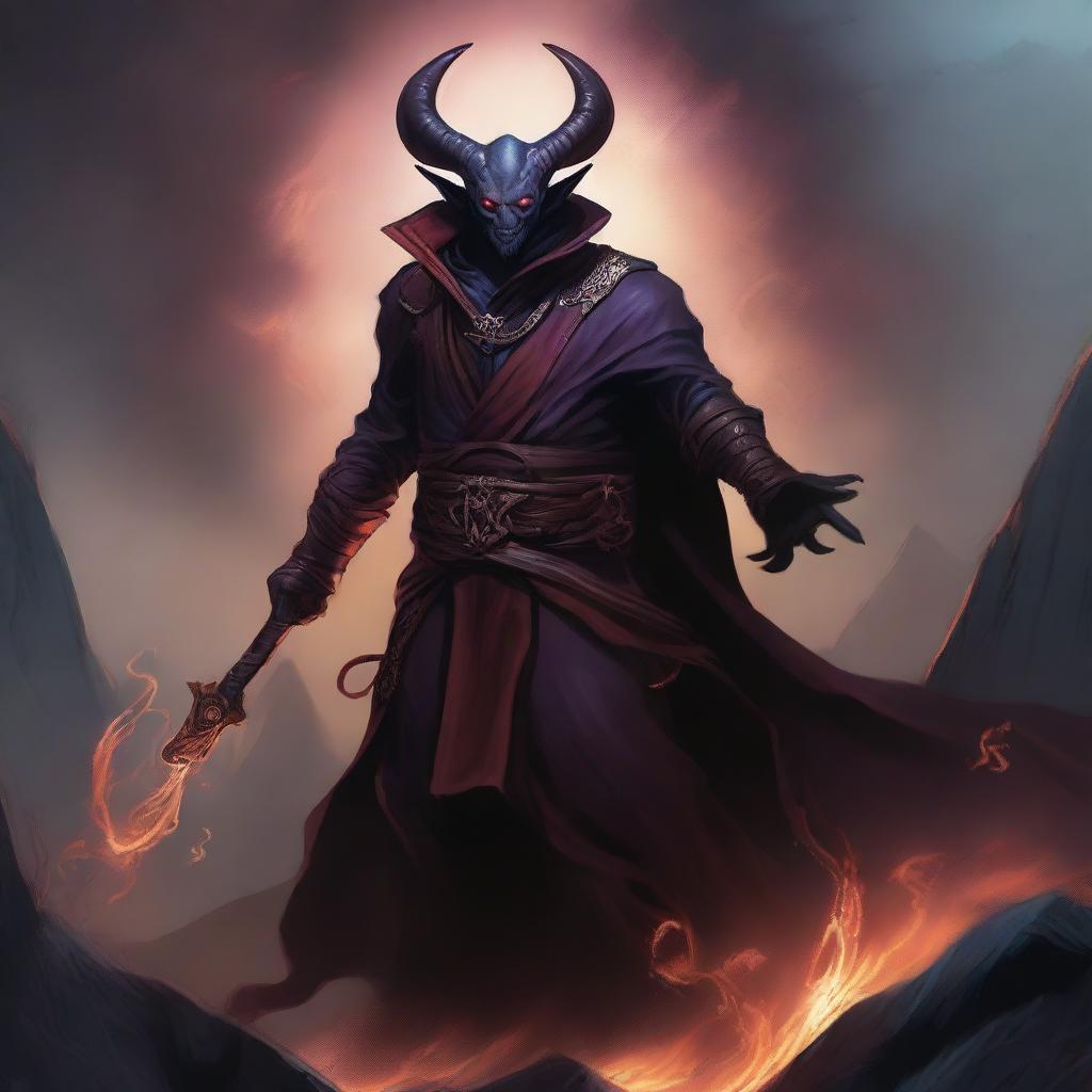 Create a detailed RPG styled artwork of a Tiefling Warlock from the D&D universe