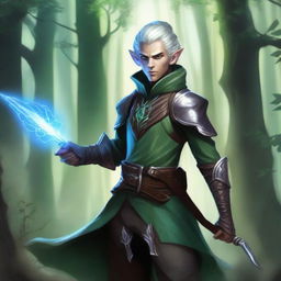 Create a detailed RPG styled artwork of an Eldrain Elf Rogue from the D&D universe