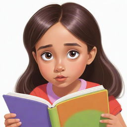 A cartoon image of a young girl engrossed in reading a colorful book, with an expression of curiosity and wonder on her face.