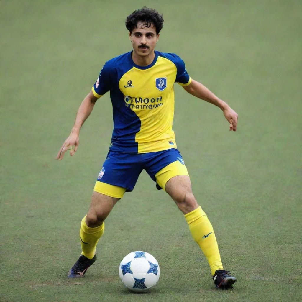 An image of Charlie Chaplin in a Kerala Blasters soccer uniform, skillfully playing on the soccer field.