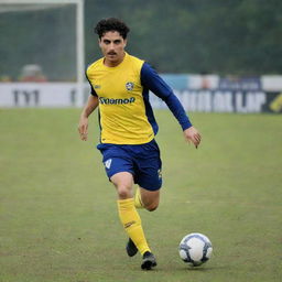 An image of Charlie Chaplin in a Kerala Blasters soccer uniform, skillfully playing on the soccer field.