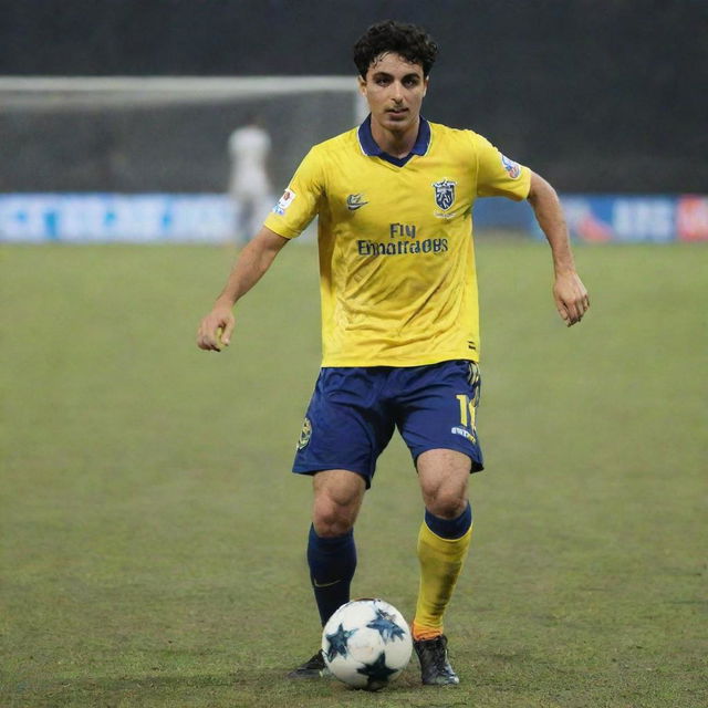 An image of Charlie Chaplin in a Kerala Blasters soccer uniform, skillfully playing on the soccer field.