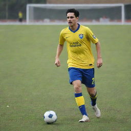 An image of Charlie Chaplin in a Kerala Blasters soccer uniform, skillfully playing on the soccer field.