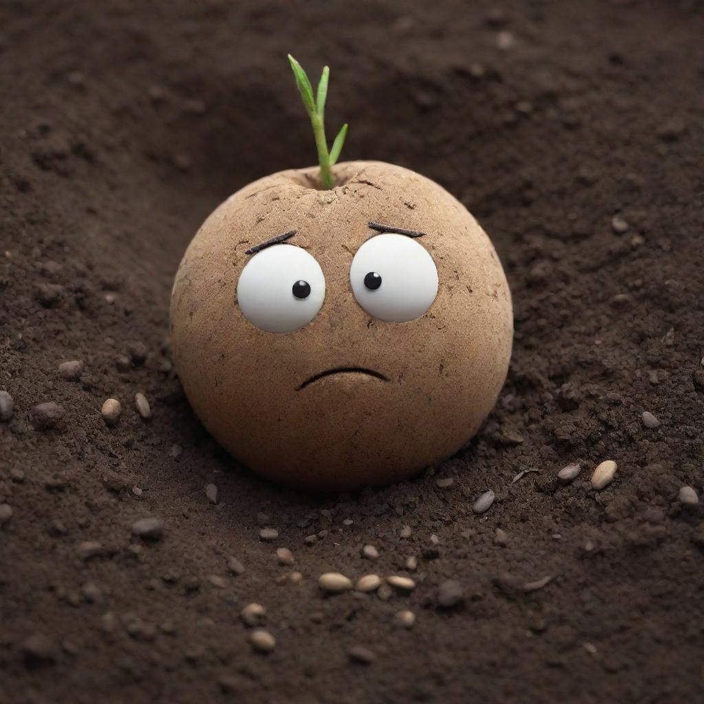 A realistic and intricately detailed representation of a seed character in fertile soil, showing signs of sadness and discontentment.