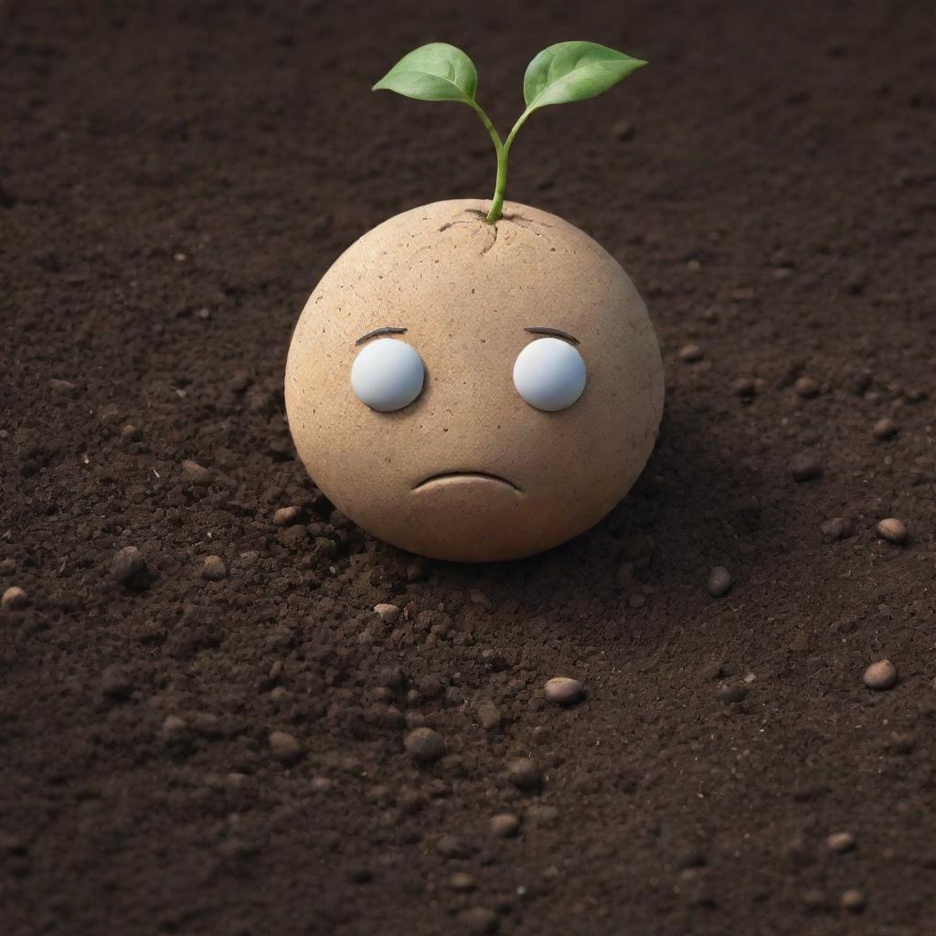 A realistic and intricately detailed representation of a seed character in fertile soil, showing signs of sadness and discontentment.