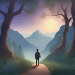 A serene and introspective scene featuring a lone traveler on a winding path through a mystical forest