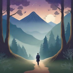 A serene and introspective scene featuring a lone traveler on a winding path through a mystical forest