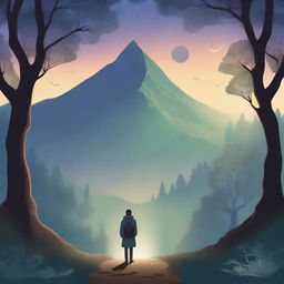 A serene and introspective scene featuring a lone traveler on a winding path through a mystical forest