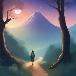 A serene and introspective scene featuring a lone traveler on a winding path through a mystical forest