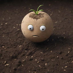 A realistic and intricately detailed representation of a seed character in fertile soil, showing signs of sadness and discontentment.