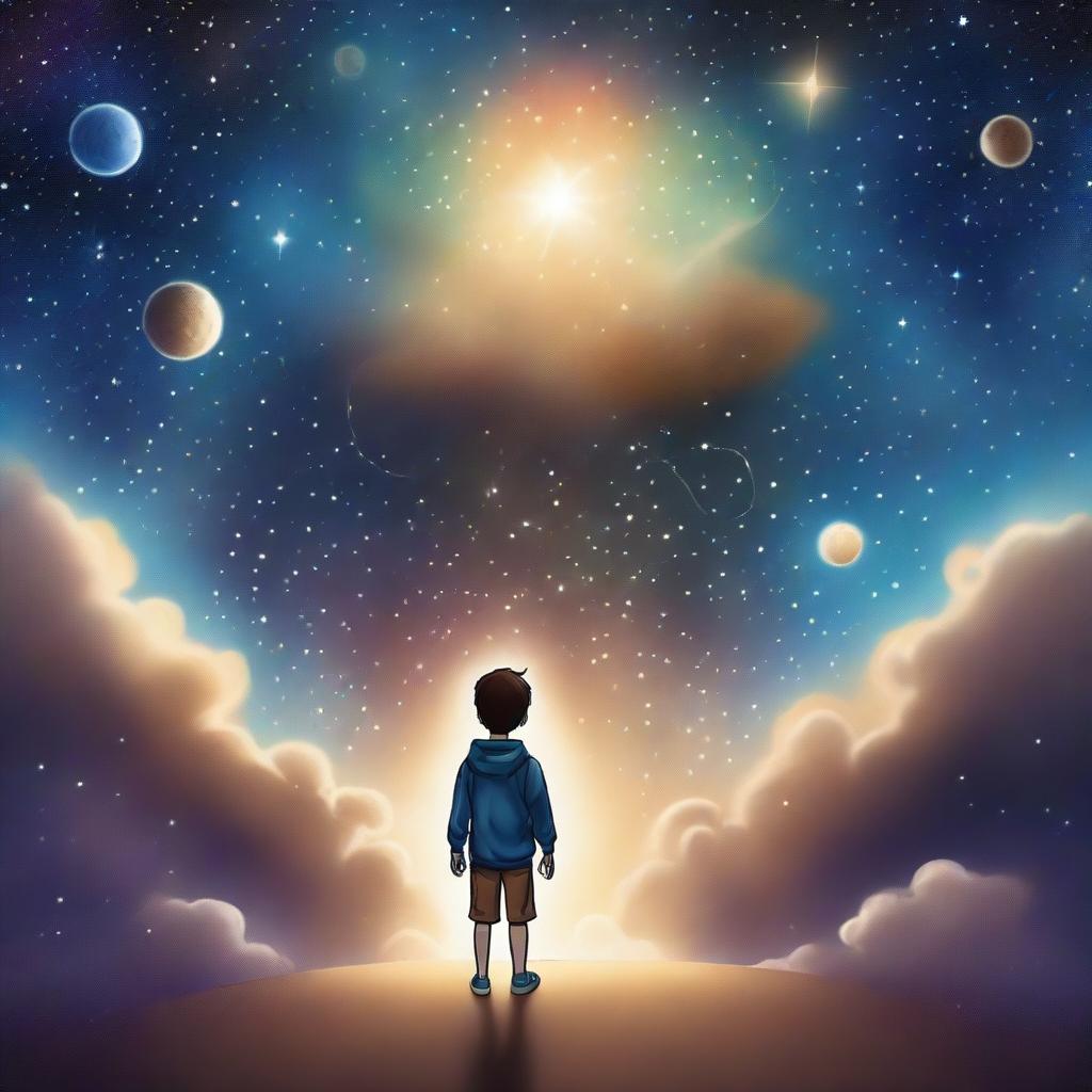 A book cover featuring a young boy walking alone, deep in thought, as he contemplates the mysteries of the universe