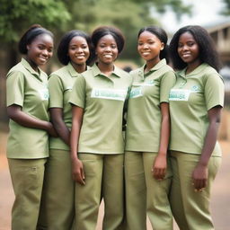 A realistic model of NYSC (National Youth Service Corps) members wearing their official uniform with 'NYSC' clearly printed on their shirts