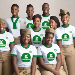 A realistic model of NYSC (National Youth Service Corps) members wearing their official uniform with 'NYSC' clearly printed on their shirts