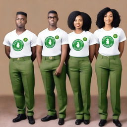 A realistic model of NYSC (National Youth Service Corps) members wearing their official uniform with 'NYSC' clearly printed on their shirts