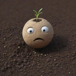 A realistic and intricately detailed representation of a seed character in fertile soil, showing signs of sadness and discontentment.